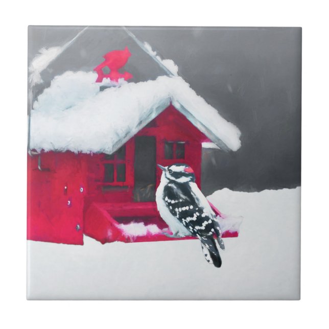 Downy Woodpecker Painting - Original Bird Art Kakelplatta (Framsidan)