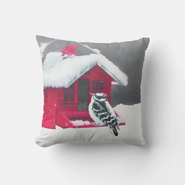 Downy Woodpecker Painting - Original Bird Art Kudde (Framsida)