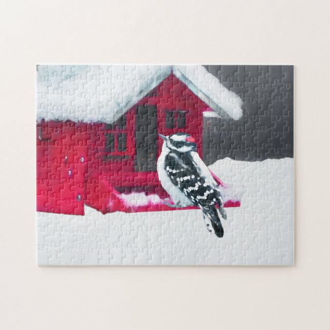 Downy Woodpecker Painting - Original Bird Art Pussel (Horisontell)