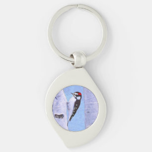 Downy Woodpecker Painting - Original Bird Art Swirl Silverfärgad Nyckelring