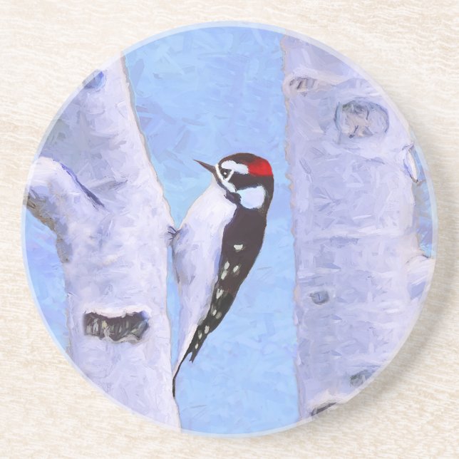 Downy Woodpecker Painting - Original Bird Art Underlägg (Framsidan)