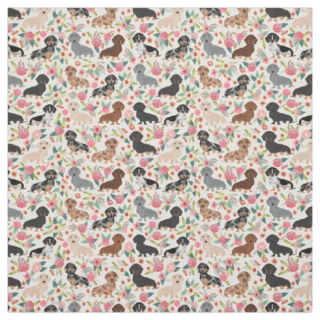 Doxie Blommigts Fabric - utskrift av söt dachshund Tyg (Provkarta)