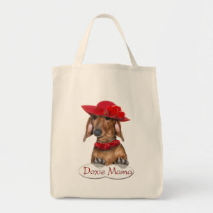 Doxie dam i röd shopping bag tygkasse