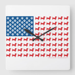 Doxie-USA-FLAGGA-for-Mörk Fyrkantig Klocka