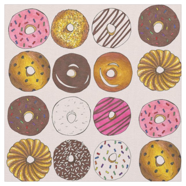 Dozen Donuts Breakfast Doughnut Fabric på Rosa Tyg (Närbild)