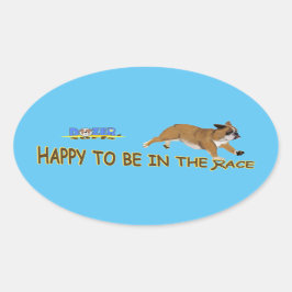 Dozer är lycklig för att vara i tävling! ovalt klistermärke