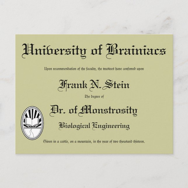 Dr Frankensteins diploma, vykort (Framsida)