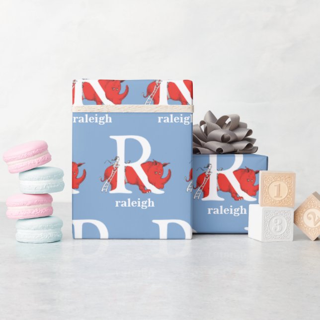 Dr. Seuss ABC: Bokstav R - Vit | Lägg till namn Presentpapper (Baby Shower)