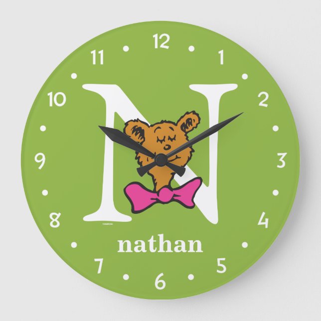 Dr Seuss ABC: Brev N - vit| Lägg till ditt namn Stor Klocka (Framsida)