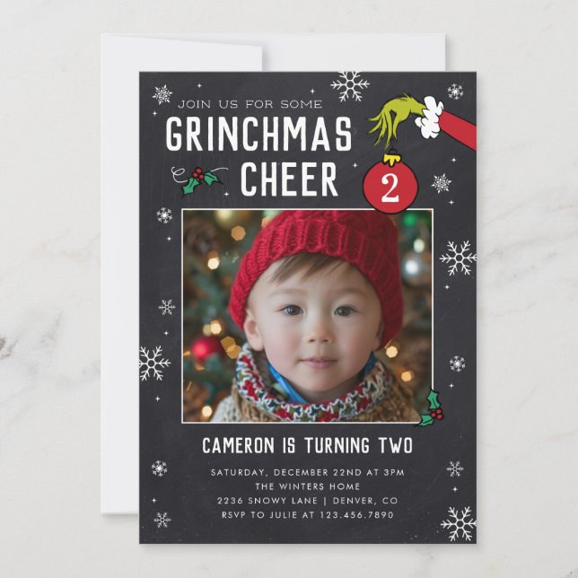 Dr Seuss | Grinch Chalkboard Photo Birthday Inbjudningar (Framsida)