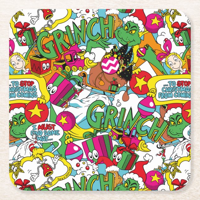 Dr. Seuss | Grinch Färgrik Mönster Underlägg Papper Kvadrat (Framsidan)