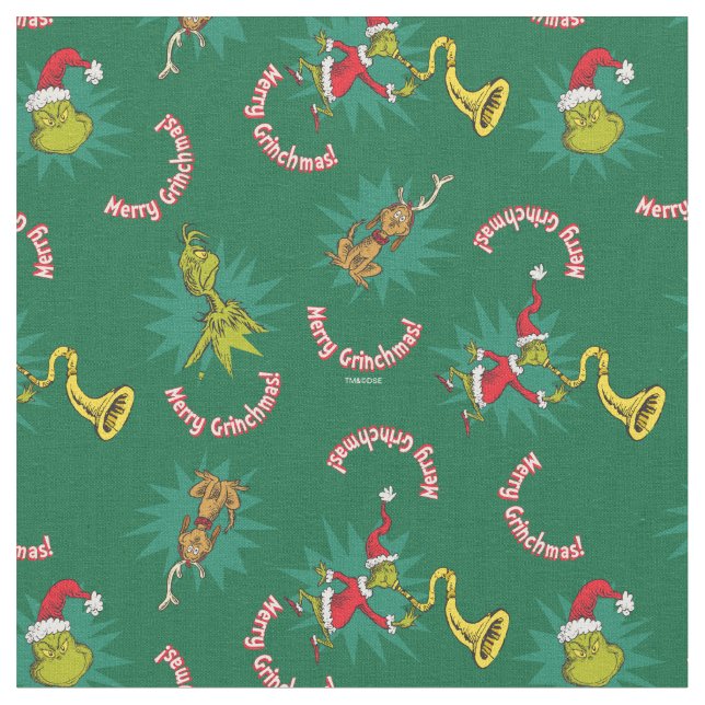 Dr Seuss | Grinch | Merry Grinchmas Mönster Tyg (Närbild)