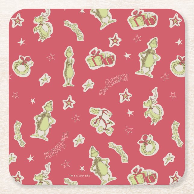 Dr. Seuss | Grinch | Rött julmönster Underlägg Papper Kvadrat (Framsidan)