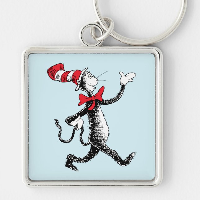 Dr Seuss | Katt i Hat Cat Walk Fyrkantig Silverfärgad Nyckelring (Framsidan)