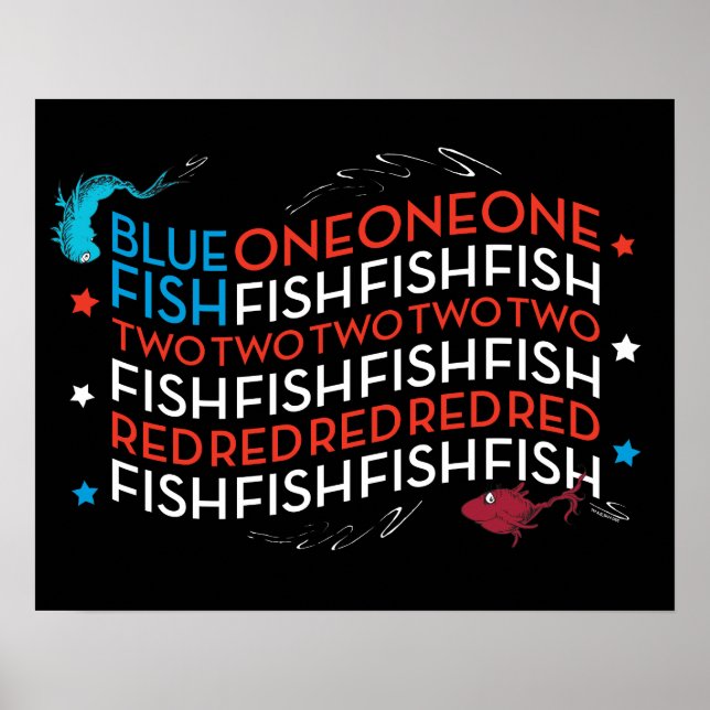 Dr. Seuss | Röd Fisk Blå Fisk USA Flagga Grafik Poster (Framsidan)