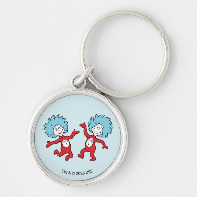Dr. Seuss Sak 1 och Sak 2 Karaktär Rund Silverfärgad Nyckelring (Framsidan)