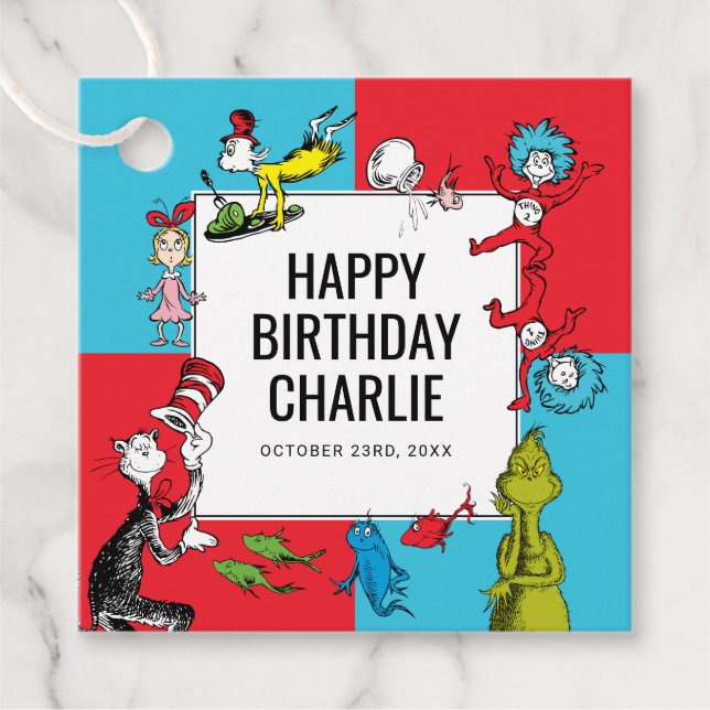 Dr Seuss - tecken | BARNS FÖDELSEDAG Gåvor Etiketter (Framsida)