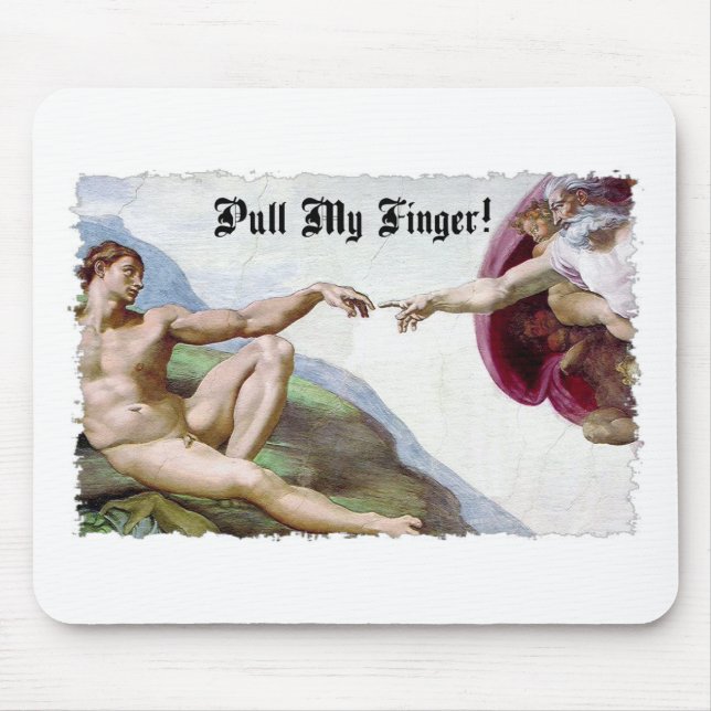 Dra min finger - Michelangelo Skapelse Fart Humor Musmatta (Framsidan)