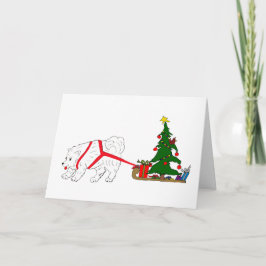 Dra samoyeden som drar julgranen helgkort