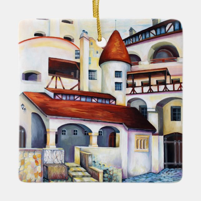 Dracula Castle Insida Courtyard Watercolor Julgransprydnad Keramik (Framsida)