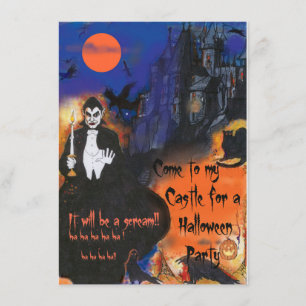 Dracula Long Black Cape and Spooky Castle Art Inbjudningar