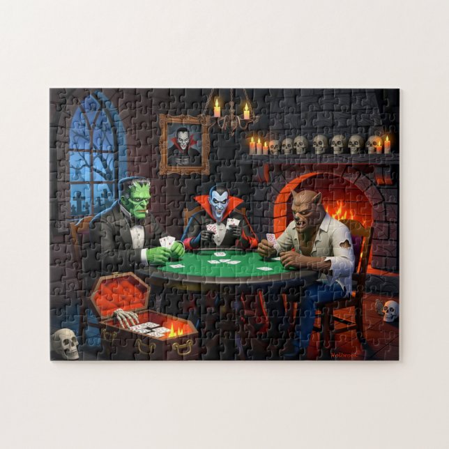 Dracula och Frankenstein Halloween-monsterpoker Pussel (Horisontell)