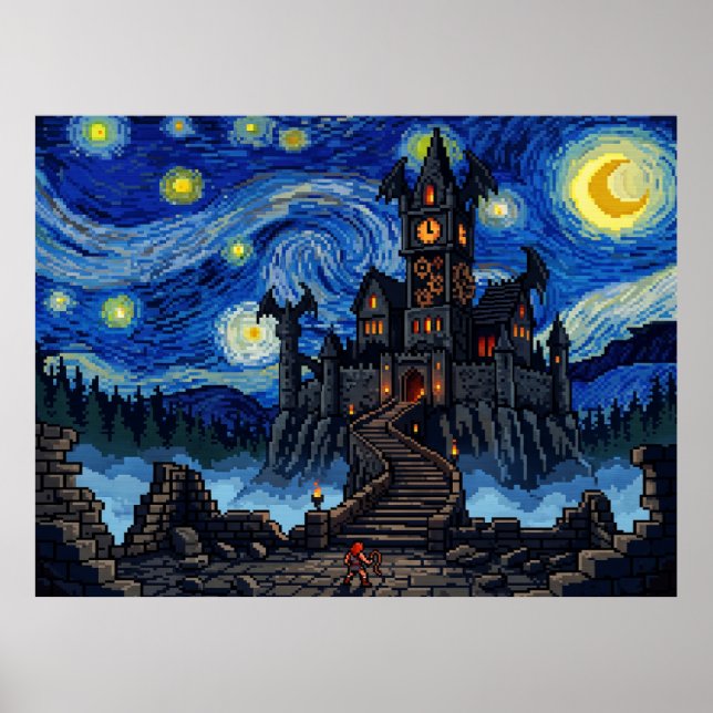 Draculas Slott Castlevania Pixel Stjärnklar Natt Poster (Framsidan)