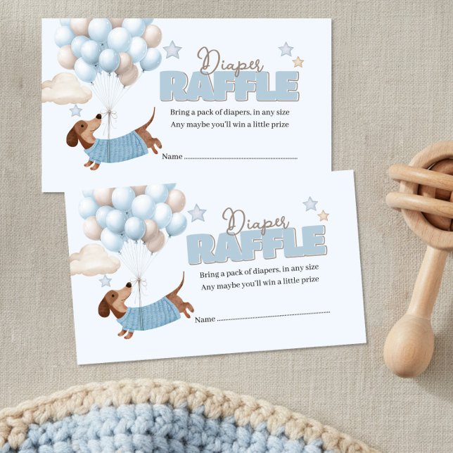 Draghund och ballonger Blå blöja lotteri Tilläggskort (Baby Shower Diaper Raffle Tickets. Dachshund and balloons design in blue and beige)