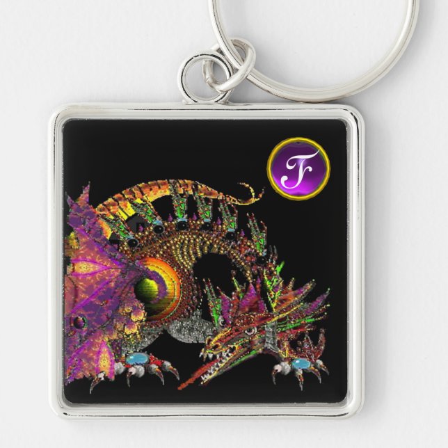 DRAGO Fantasy Dragon Lila Gem Monogram Fyrkantig Silverfärgad Nyckelring (Framsidan)