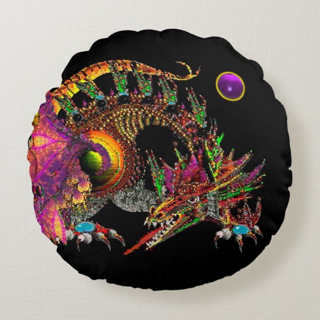 DRAGO /FANTASY GULD DRAGON,LILA BLACK MONOGRAM RUND KUDDE (Framsidan)