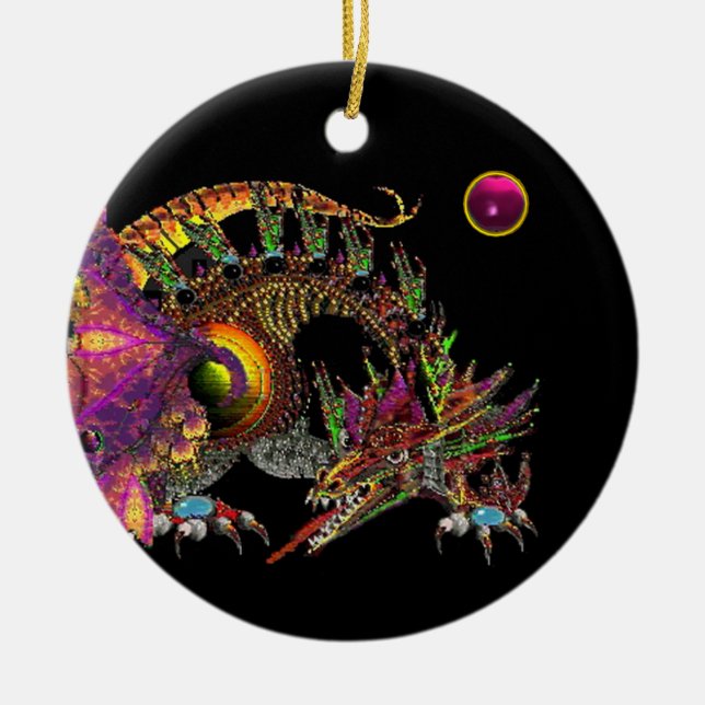 DRAGO Fantasy Guld Dragon, Rosa Amethyst Monogram Julgransprydnad Keramik (Framsidan)