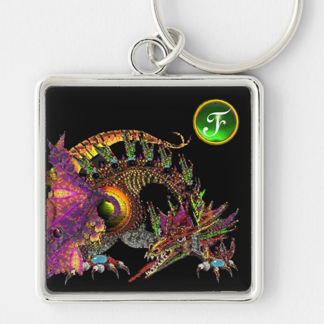 DRAGO, Grönt Emerald Gem Monogram Fyrkantig Silverfärgad Nyckelring (Framsidan)