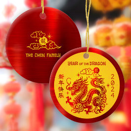 Dragon 2024 Chinese Lunar New Year Red Foil Gult Julgransprydnad Keramik