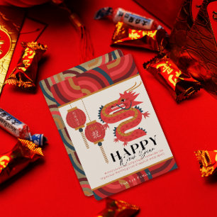 Dragon 2024 Red Chinese New Year Helgdag Card Inbjudningar