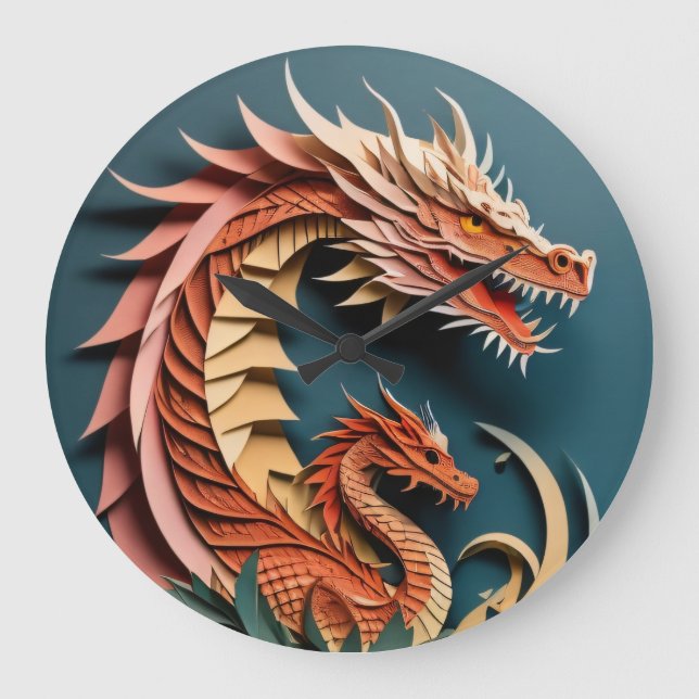 Dragon 3D Papper Art Design T-shirt Stor Klocka (Framsida)