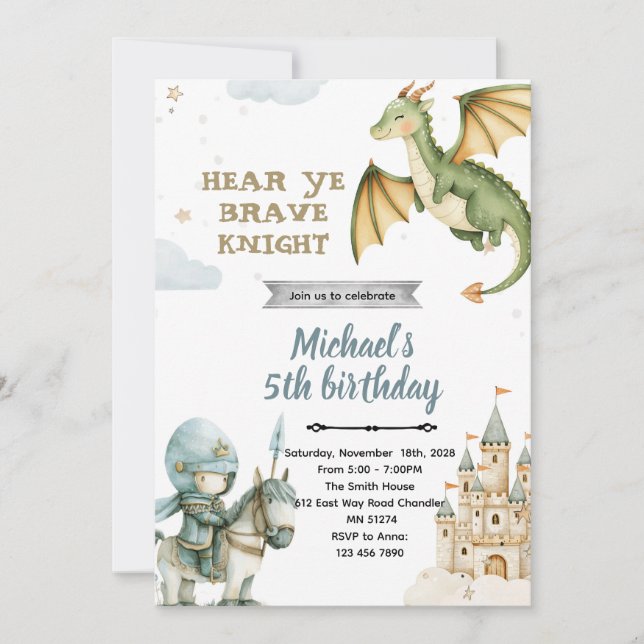 Dragon and Knight Birthday Party Invitation Inbjudningar (Framsida)