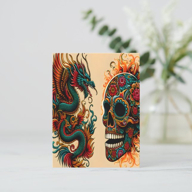 Dragon and Sugar Skull Day of the dead Art Vykort (Stående Fram)