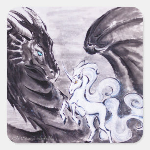 Dragon and Unicorn/Courship Helgdag Card Fyrkantigt Klistermärke