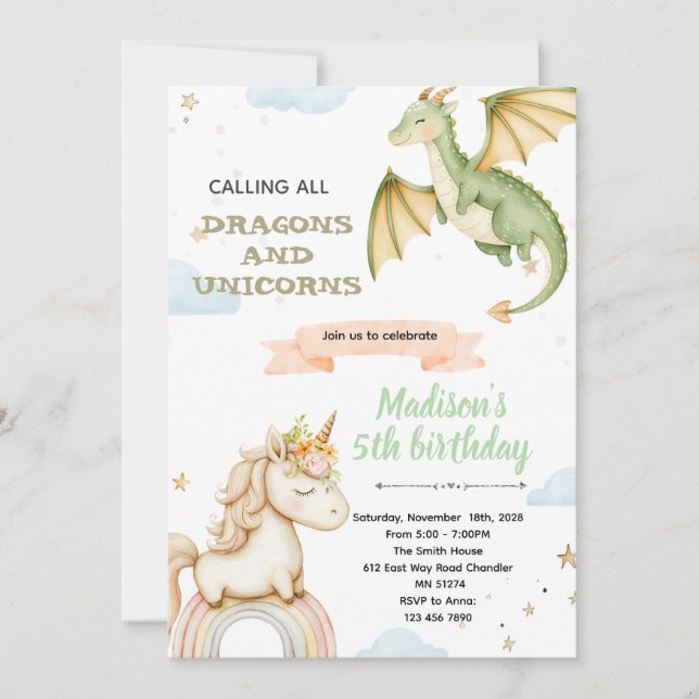 Dragon and unicorn Party Invitation Inbjudningar (Framsida)
