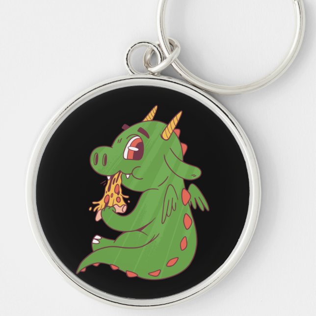 Dragon Baby Eating Yummy Pizza Slice Design Rund Silverfärgad Nyckelring (Framsidan)