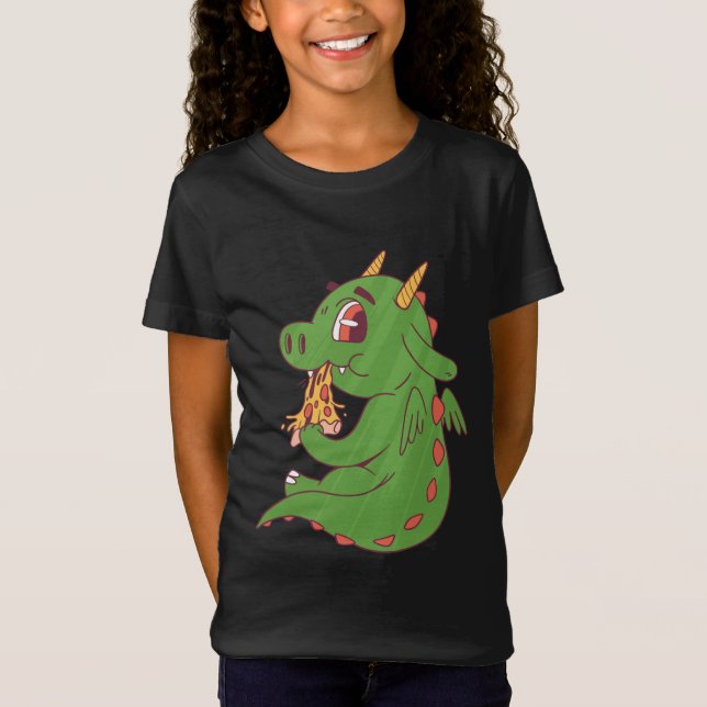 Dragon Baby Eating Yummy Pizza Slice Design T Shirt (Framsida)