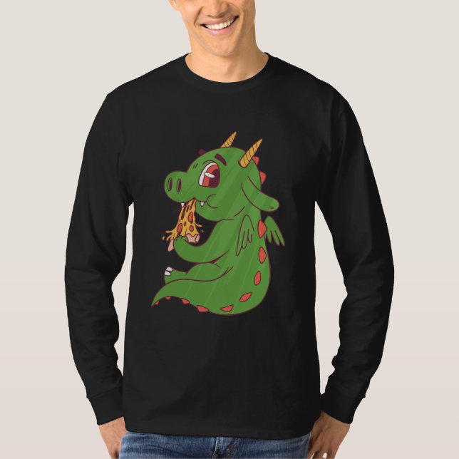 Dragon Baby Eating Yummy Pizza Slice Design T Shirt (Framsida)
