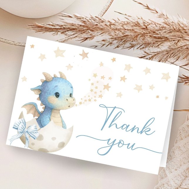 Dragon Baby Shower Boy Blue Folded Thank You Card Tack Kort (Skapare uppladdad)
