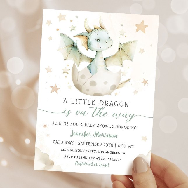Dragon Baby Shower Cute Boho Grönt Watercolor Inbjudningar (Skapare uppladdad)