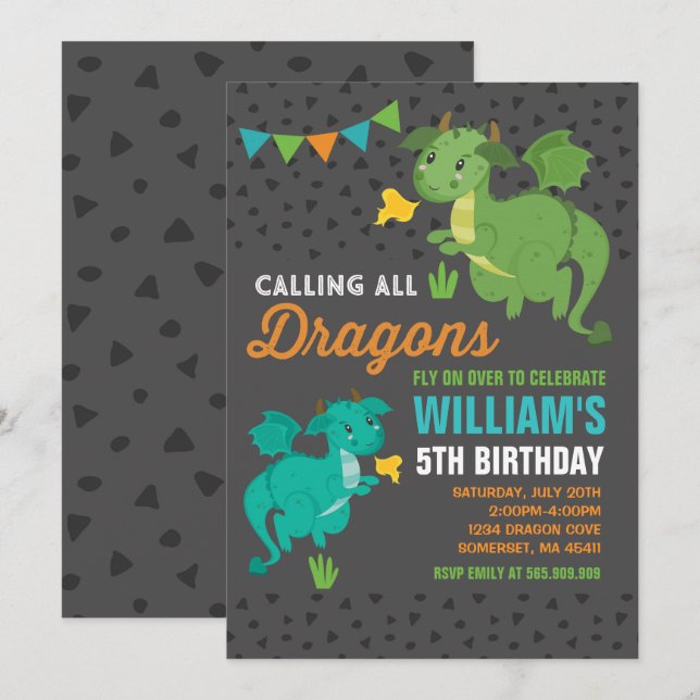 Dragon Birthday-inbjudan: Knight & Dragons Party Inbjudningar (Fram/baksida)