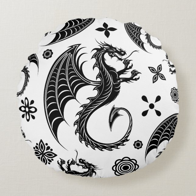 Dragon Black Shape Tattoo Stil Rund Kudde (Framsidan)