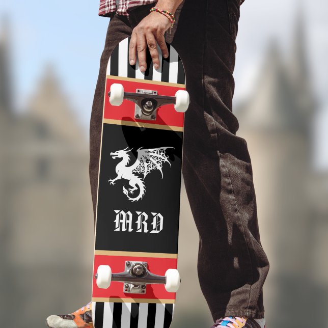 Dragon Black White Striped Monogram w Red Gold  Mini Skateboard Bräda 18,5 Cm (Skapare uppladdad)