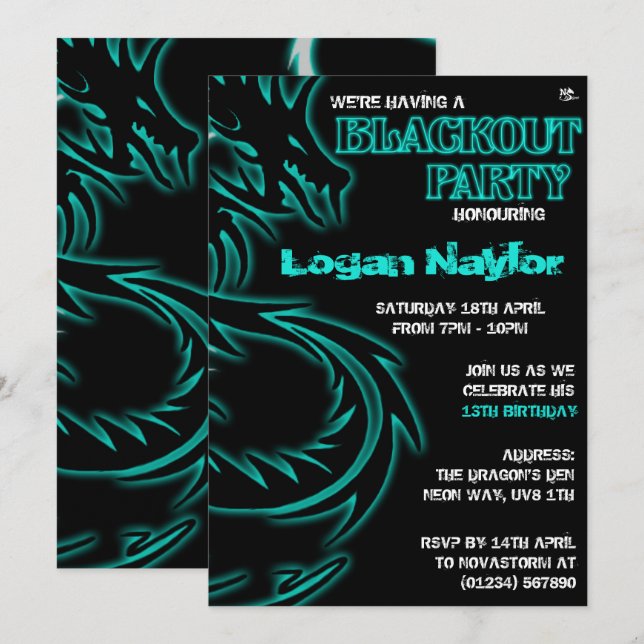 Dragon Blackout UV Party-inbjudningar Inbjudningar (Fram/baksida)