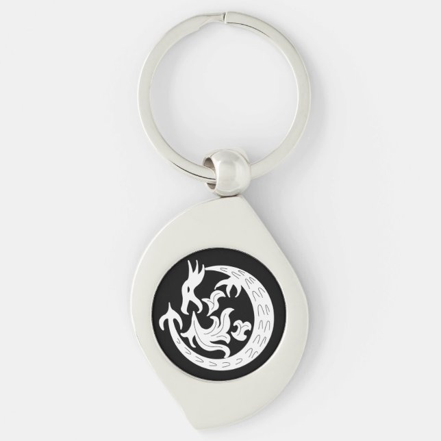 Dragon Blowing Fire Swirl Silverfärgad Nyckelring (Framsidan)