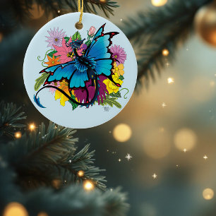 Dragon Blue Butterfly Flowers Julgransprydnad Keramik
